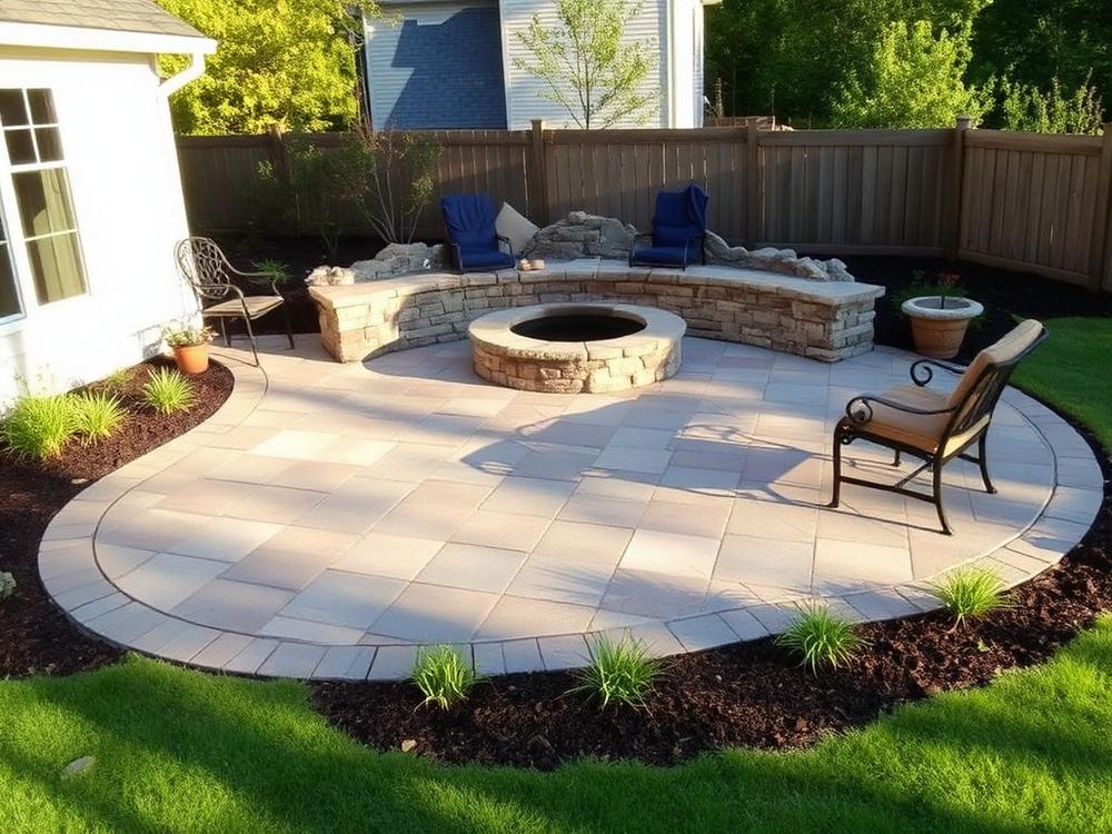 Paver patio with a stone seat wall and a round fire pit in a fenced backyard